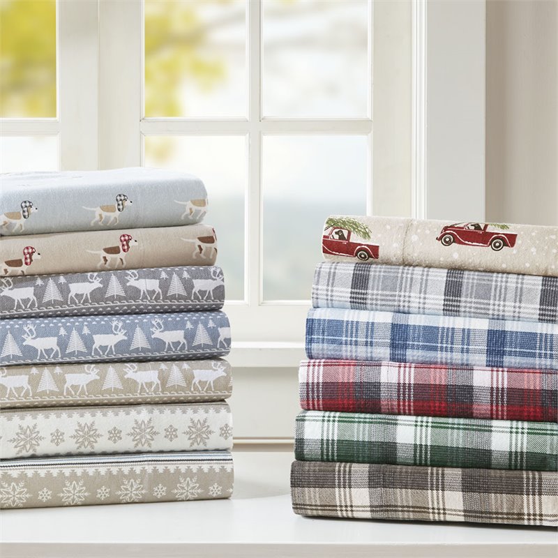 Woolrich 100 Percent Cotton Flannel Printed Sheet Set in Blue Plaid Finish