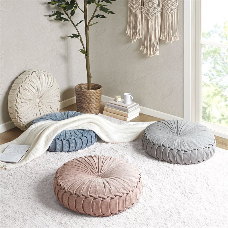 Intelligent Design Polyester Chenille Round Floor Pillow Cushion in Ivory