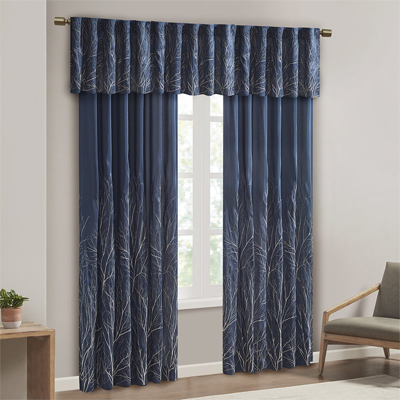 Madison Park Transitional Faux Silk Embroidered Window Valance in Navy
