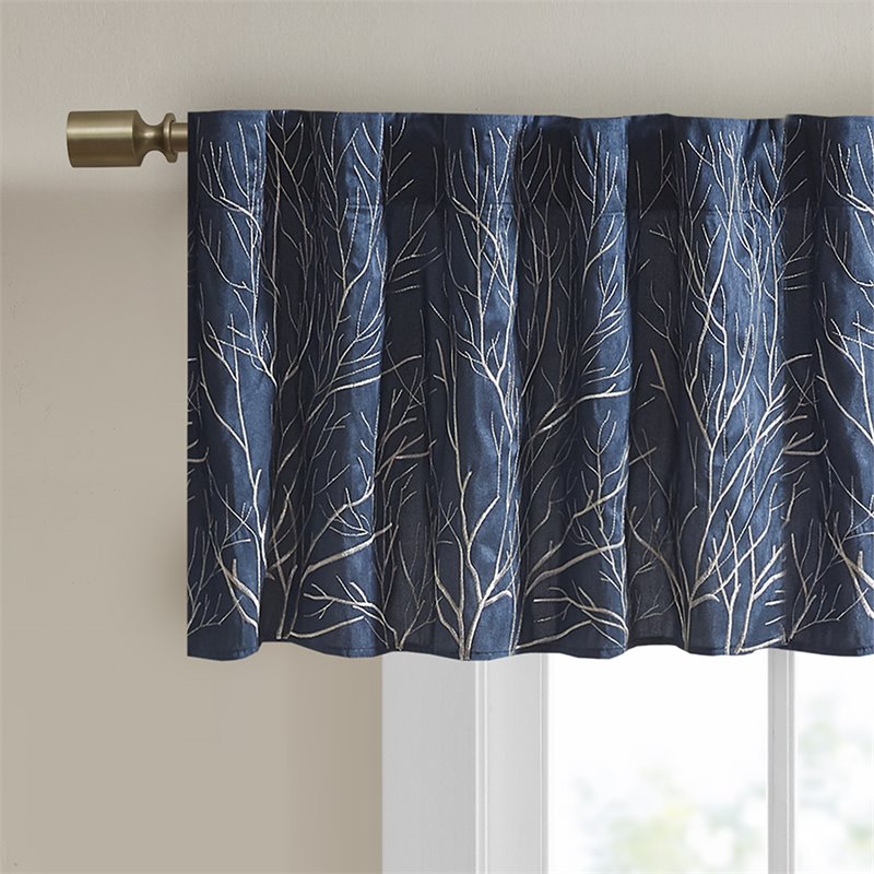 Madison Park Transitional Faux Silk Embroidered Window Valance in Navy