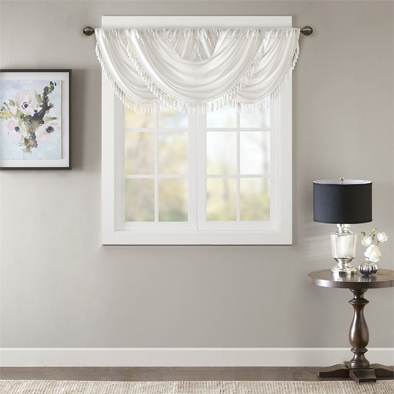 Madison Park Polyester Faux Silk Solid Waterfall Embellished Valance in White