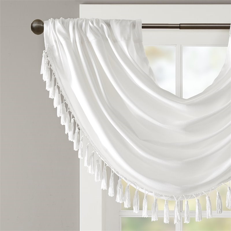 Madison Park Polyester Faux Silk Solid Waterfall Embellished Valance in White