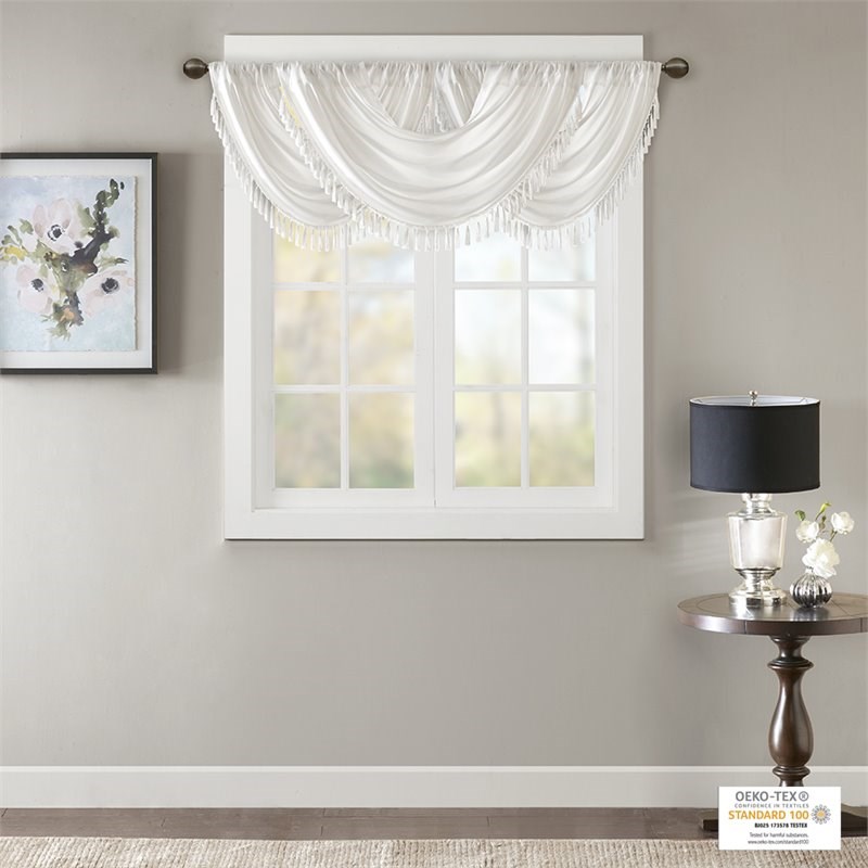 Madison Park Polyester Faux Silk Solid Waterfall Embellished Valance in White