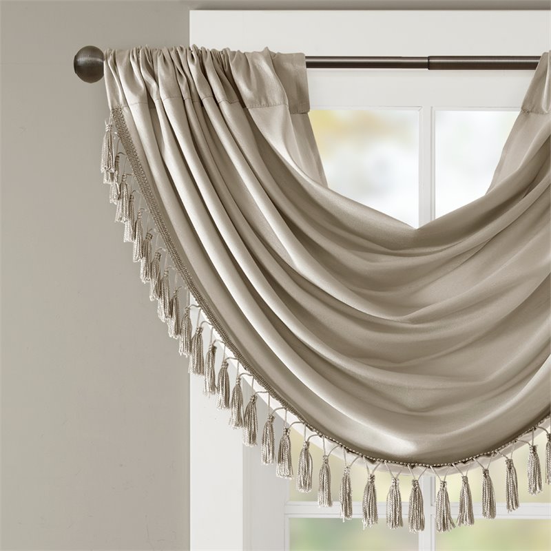 Madison Park Polyester Faux Silk Solid Waterfall Embellished Valance - Champagne