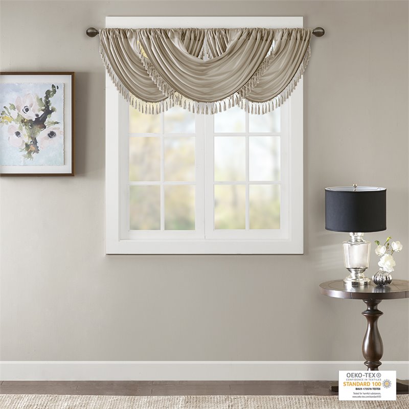Madison Park Polyester Faux Silk Solid Waterfall Embellished Valance - Champagne