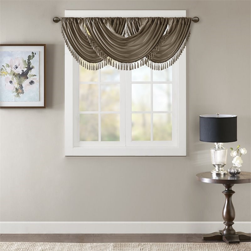 Madison Park Polyester Faux Silk Solid Waterfall Embellished Valance in Bronze