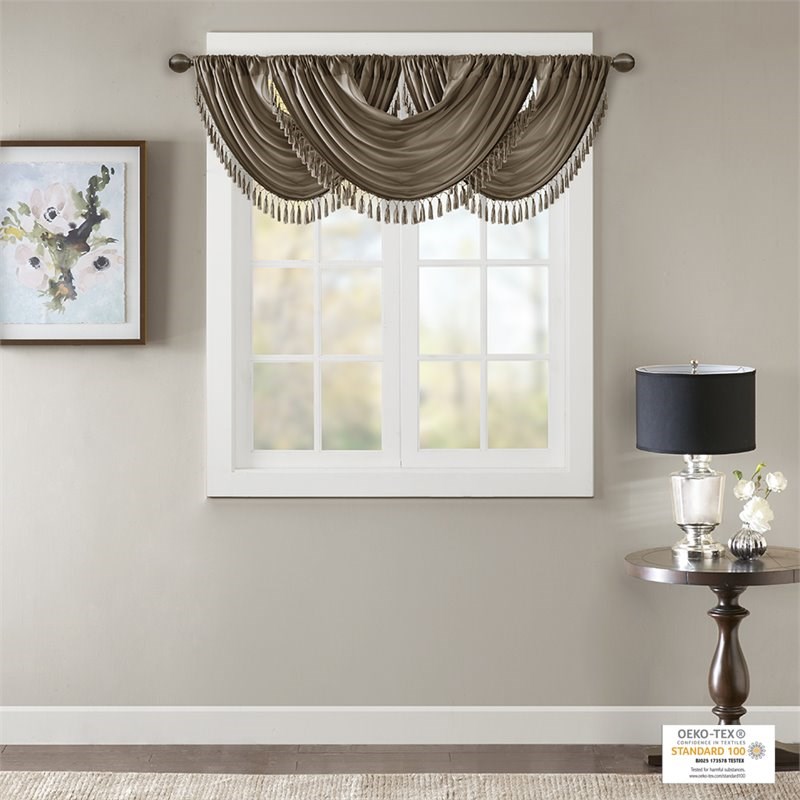 Madison Park Polyester Faux Silk Solid Waterfall Embellished Valance in Bronze