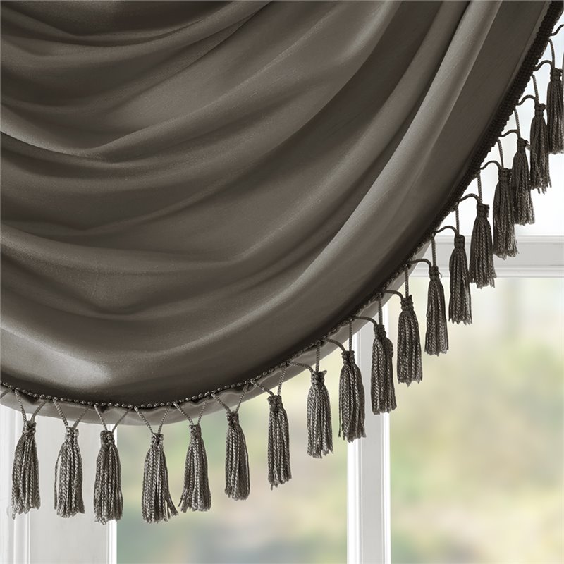 Madison Park Polyester Faux Silk Solid Waterfall Embellished Valance in Pewter