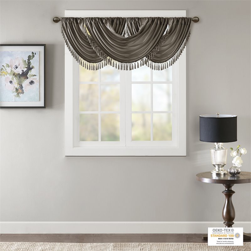 Madison Park Polyester Faux Silk Solid Waterfall Embellished Valance in Pewter