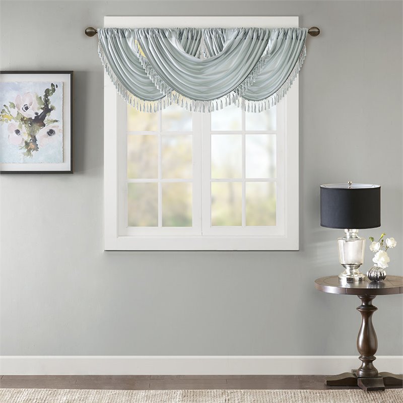 Madison Park Polyester Faux Silk Solid Waterfall Embellished Valance in Aqua