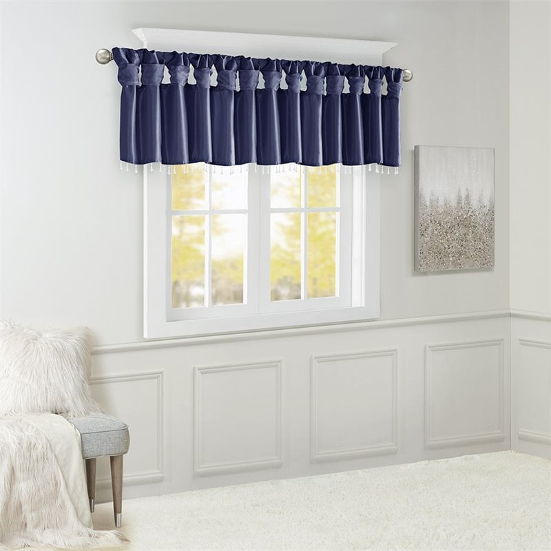 Madison Park Polyester Lightweight Faux Silk Valance with Beads in Navy