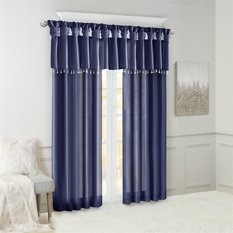Madison Park Polyester Lightweight Faux Silk Valance with Beads in Navy