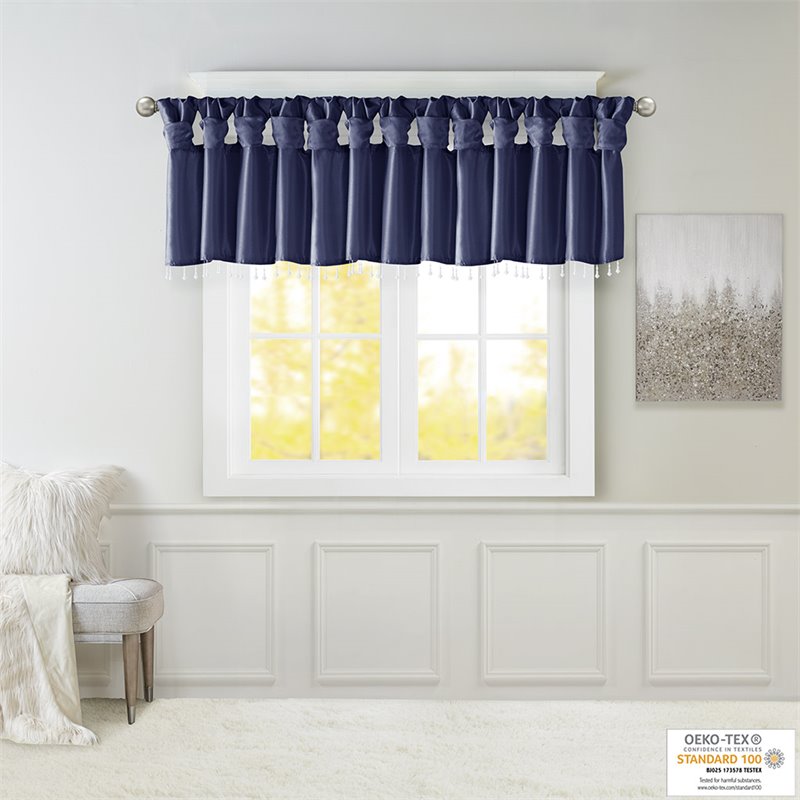 Madison Park Polyester Lightweight Faux Silk Valance with Beads in Navy