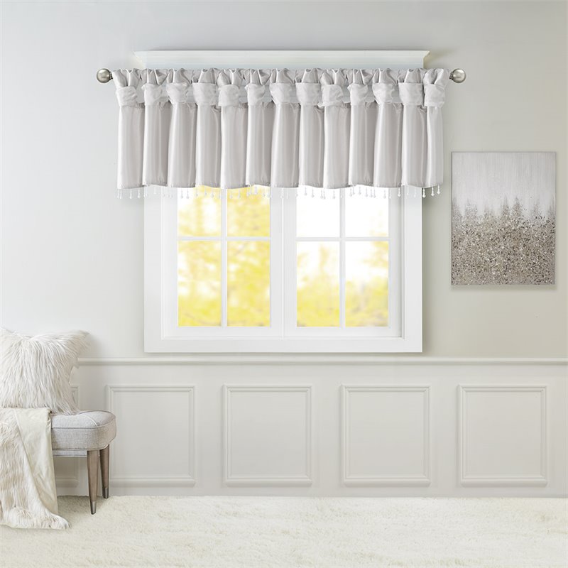 Madison Park Polyester Lightweight Faux Silk Valance with Beads in Silver