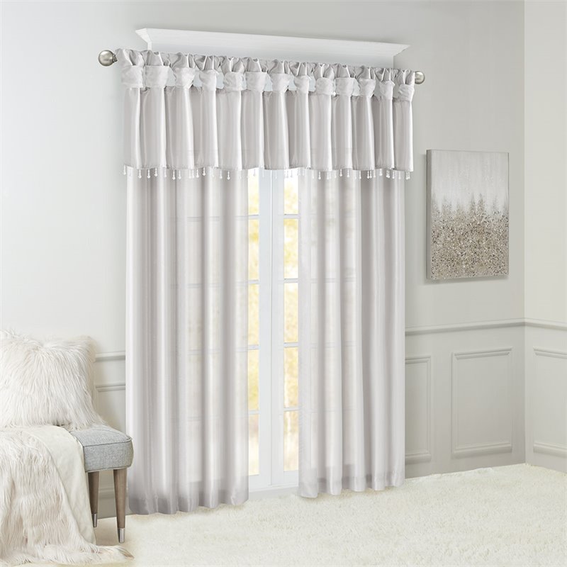 Madison Park Polyester Lightweight Faux Silk Valance with Beads in Silver