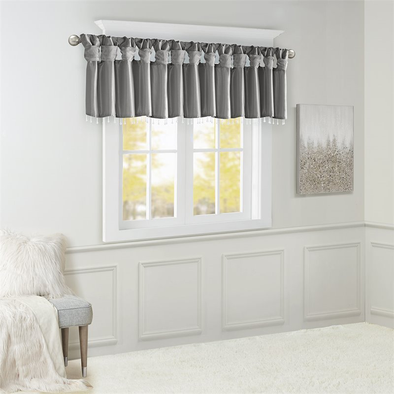Madison Park Polyester Twisted Tab Valance with Beads in Charcoal