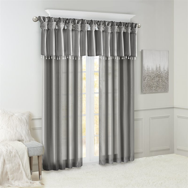 Madison Park Polyester Twisted Tab Valance with Beads in Charcoal