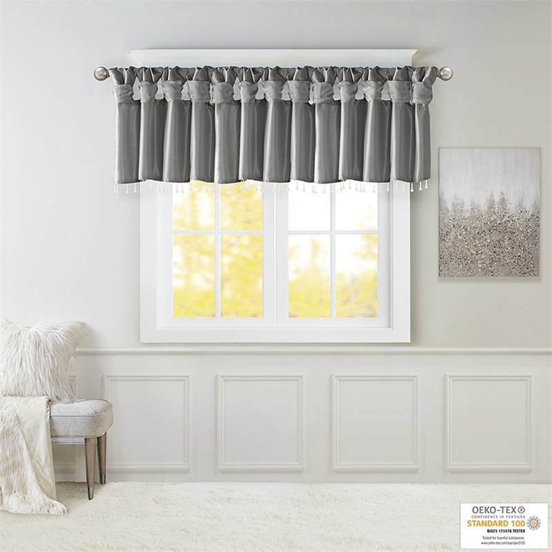 Madison Park Polyester Twisted Tab Valance with Beads in Charcoal