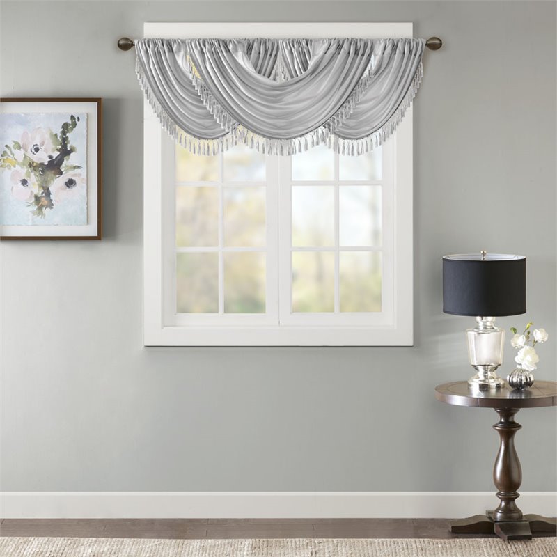 Madison Park Polyester Faux Silk Waterfall Embellished Valance in Silver