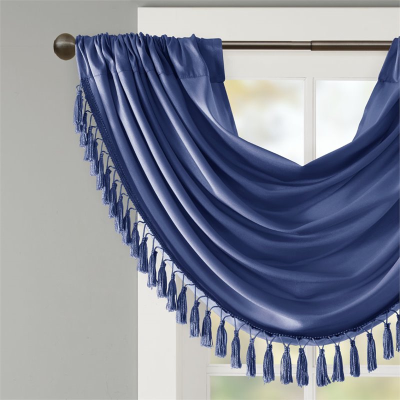 Madison Park Polyester Faux Silk Waterfall Embellished Valance in Navy
