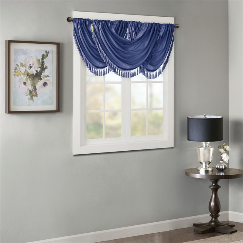 Madison Park Polyester Faux Silk Waterfall Embellished Valance in Navy