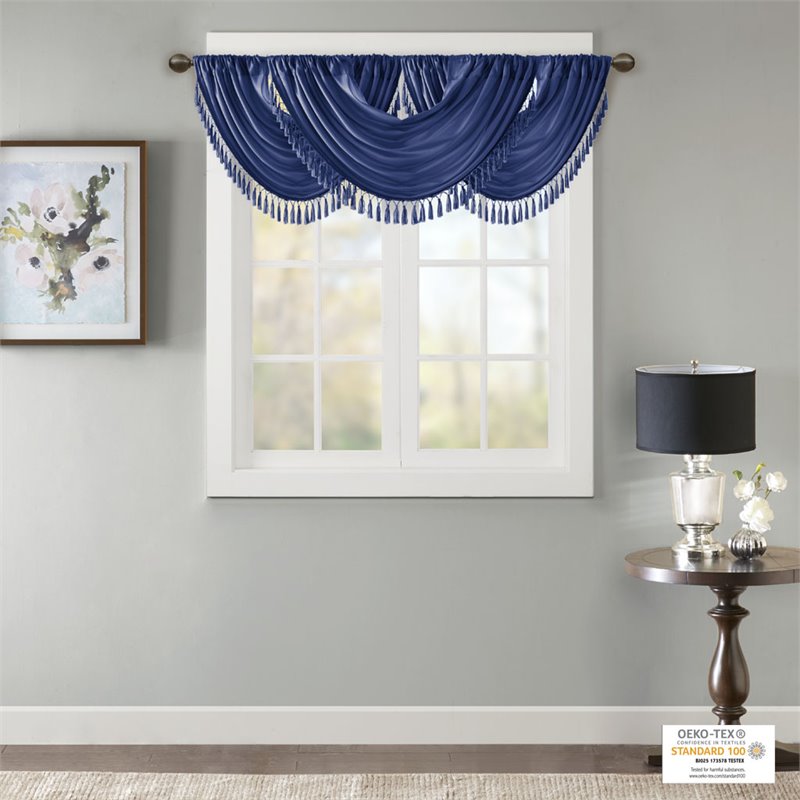 Madison Park Polyester Faux Silk Waterfall Embellished Valance in Navy