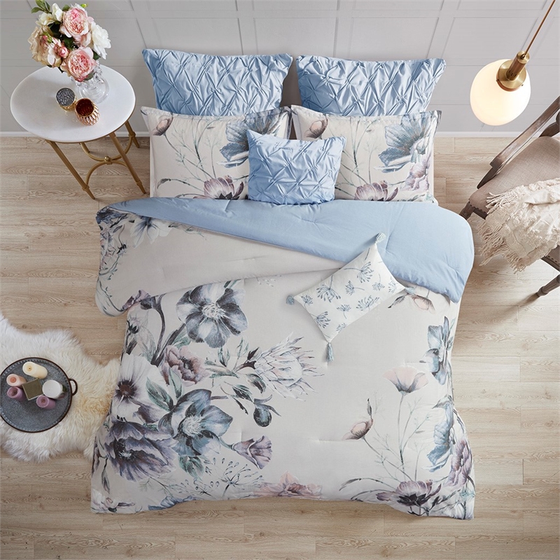 Madison Park 8-Piece Transitional Cotton Printed Comforter Set in Blue