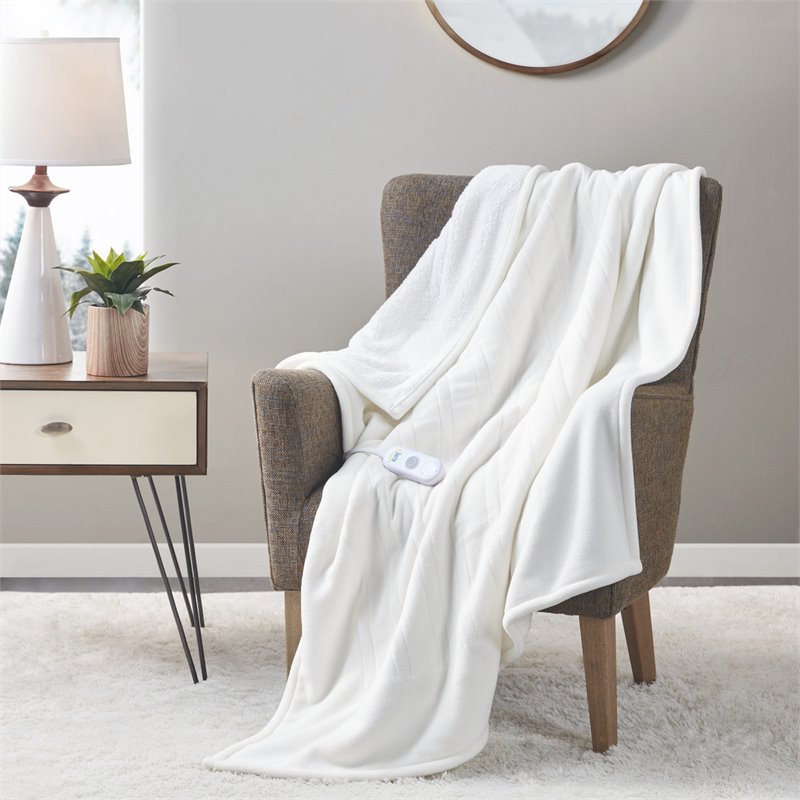 Serta Polyester Fabric Fleece to Sherpa Heated Electric Throw in Ivory