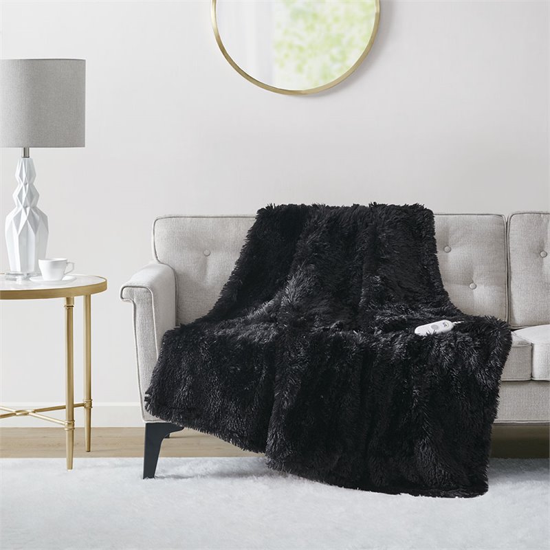 Serta Polyester Fabric Shaggy Fur Heated Electric Throw in Black