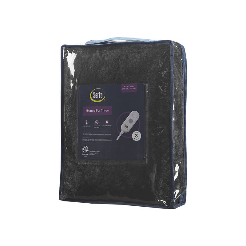 Serta Polyester Fabric Shaggy Fur Heated Electric Throw in Black