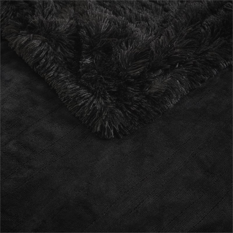 Serta Polyester Fabric Shaggy Fur Heated Electric Throw in Black