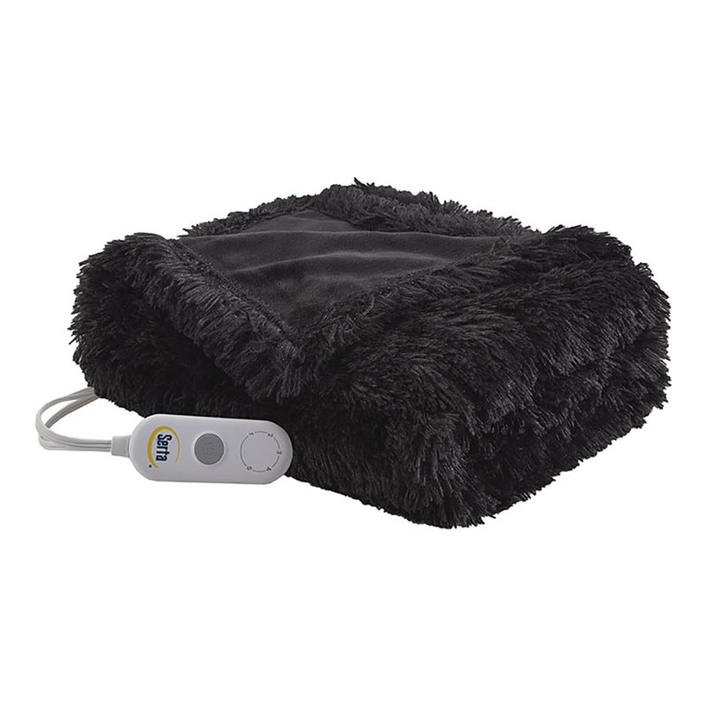 Serta Polyester Fabric Shaggy Fur Heated Electric Throw in Black