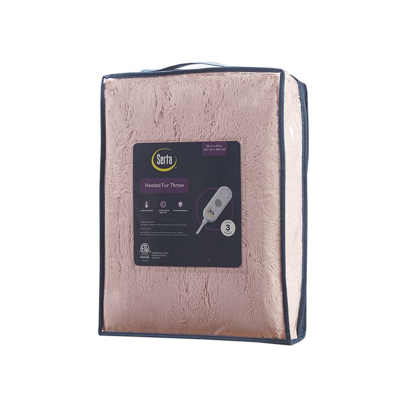 Serta Polyester Fabric Shaggy Fur Heated Electric Throw in Pink