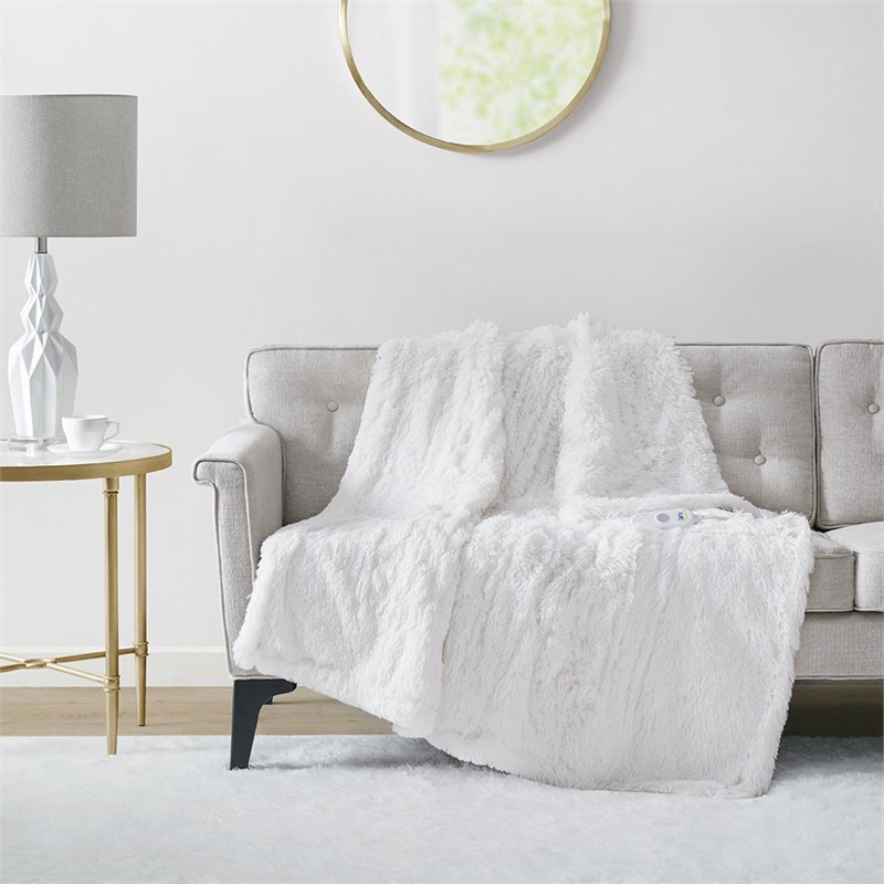 Serta Polyester Fabric Shaggy Fur Heated Electric Throw in White