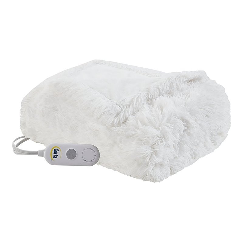 Serta Polyester Fabric Shaggy Fur Heated Electric Throw in White