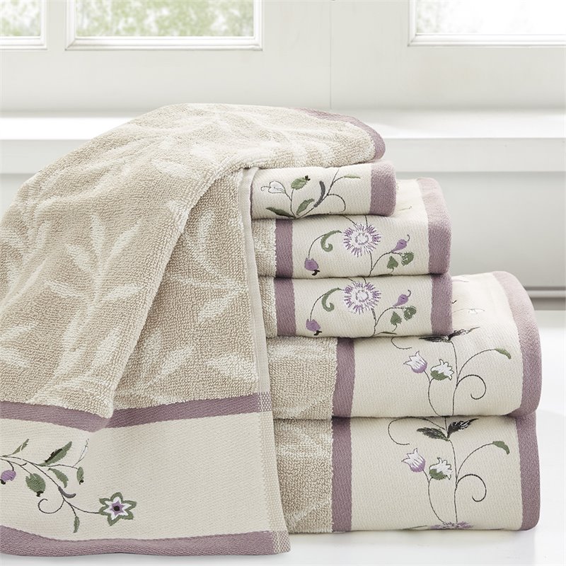 Madison Park 6-Piece Jacquard Traditional Cotton Embroidered Towel Set in Purple