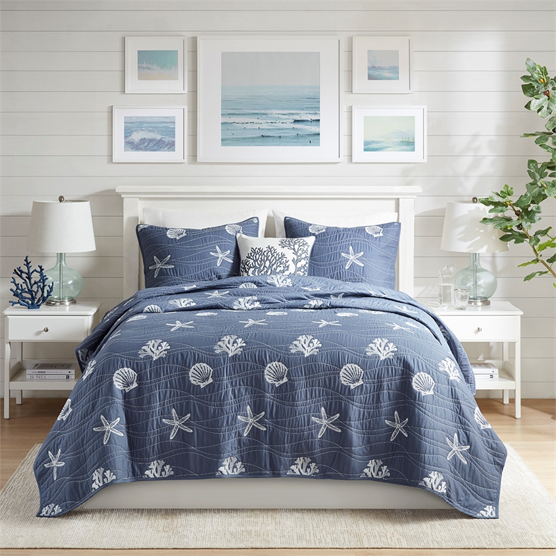 Harbor House Seaside 4-Piece Coastal Cotton Coverlet Set in Navy Finish