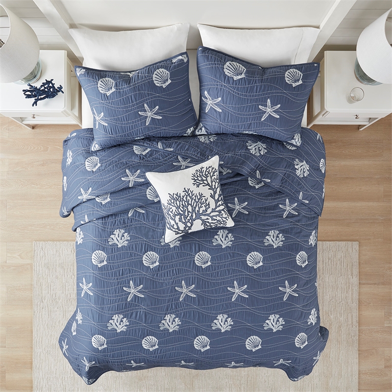 Harbor House Seaside 4-Piece Coastal Cotton Coverlet Set in Navy