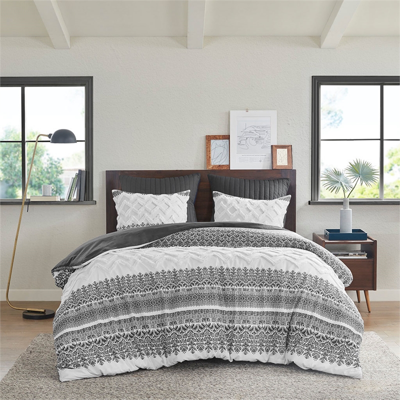 INK+IVY Mila 3-Piece Cotton Duvet Cover Set with Chenille Tufting in Gray