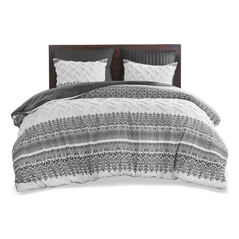 INK+IVY Mila 3-Piece Cotton Duvet Cover Set with Chenille Tufting in Gray