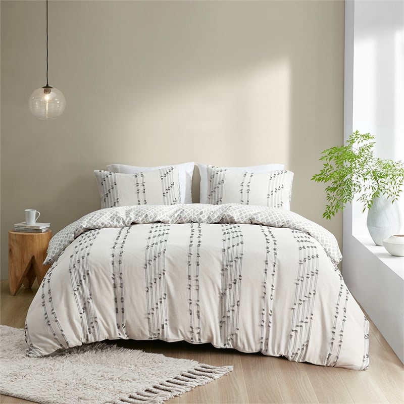 INK+IVY Kara 3-Piece Contemporary Cotton Jacquard Duvet Cover Set in Ivory