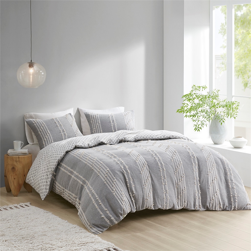 INK+IVY Kara 3-Piece Contemporary Cotton Jacquard Duvet Cover Set - Gray