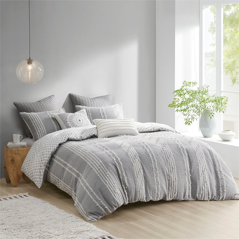 INK+IVY Kara 3-Piece Contemporary Cotton Jacquard Duvet Cover Set - Gray