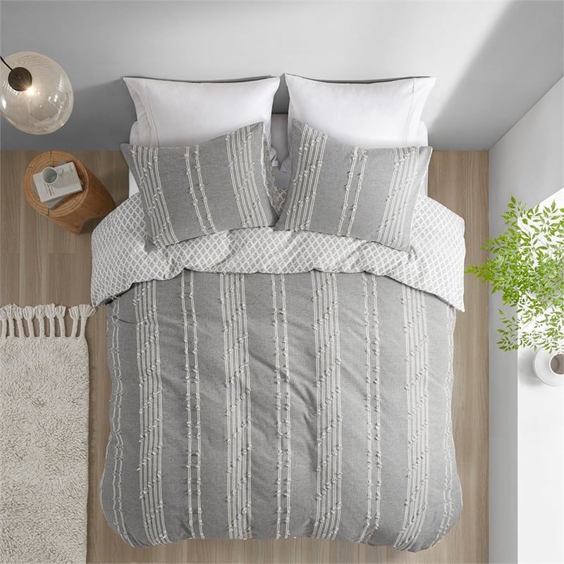 INK+IVY Kara 3-Piece Contemporary Cotton Jacquard Duvet Cover Set - Gray