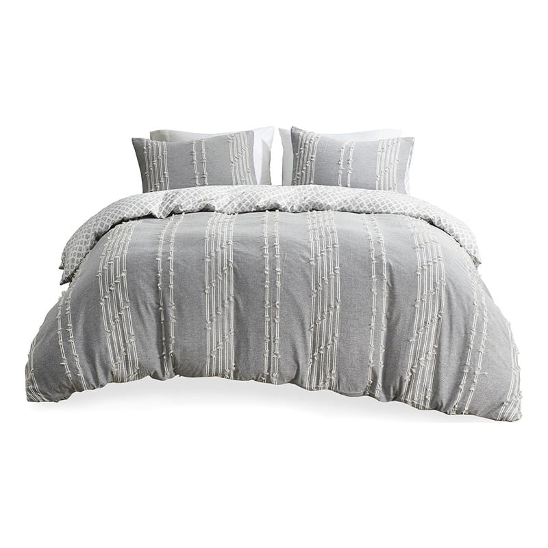 INK+IVY Kara 3-Piece Contemporary Cotton Jacquard Duvet Cover Set - Gray