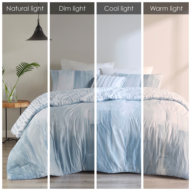 N Natori Brush Stroke 4-Piece Reversible Seersucker Comforter Set in Blue Finish