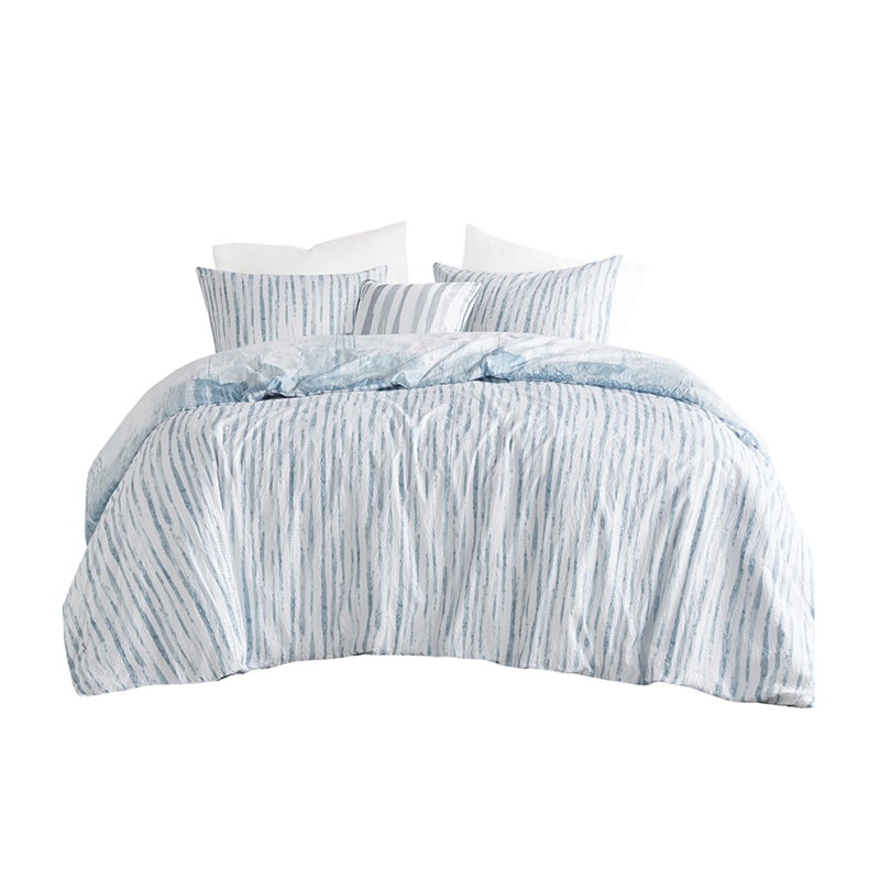 N Natori Brush Stroke 4-Piece Reversible Seersucker Comforter Set in Blue Finish