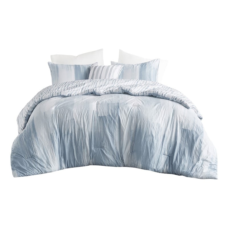 N Natori Brush Stroke 4-Piece Reversible Seersucker Comforter Set in Blue Finish