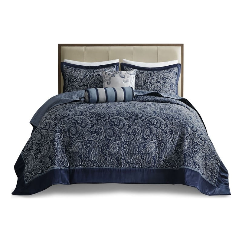 Madison Park Aubrey 5-Piece Cotton Reversible Jacquard Bedspread Set in Navy