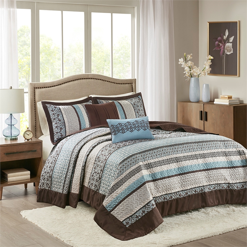 Madison Park Princeton 5-Piece Cotton Reversible Jacquard Bedspread Set in Blue